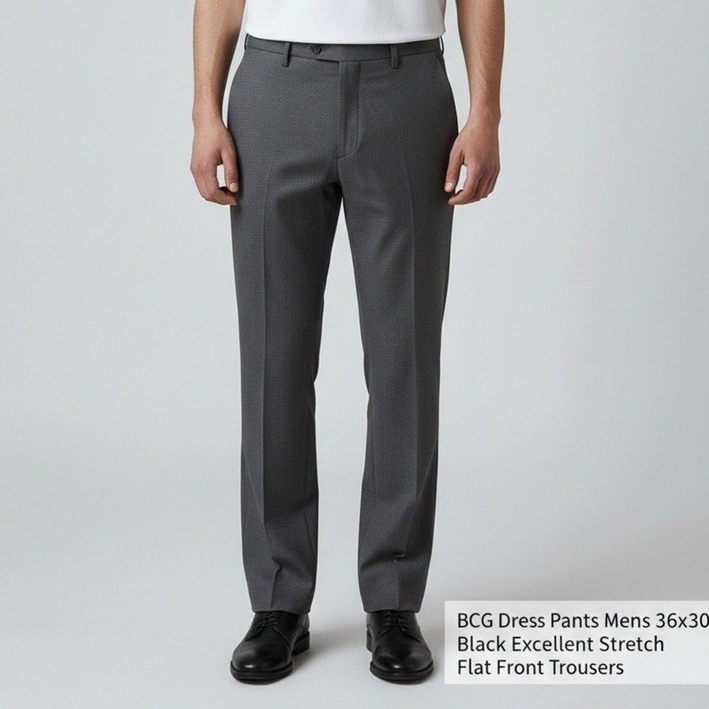 BCG Dress Pants Mens 36x30 Black Excellent Stretch Flat Front Trousers